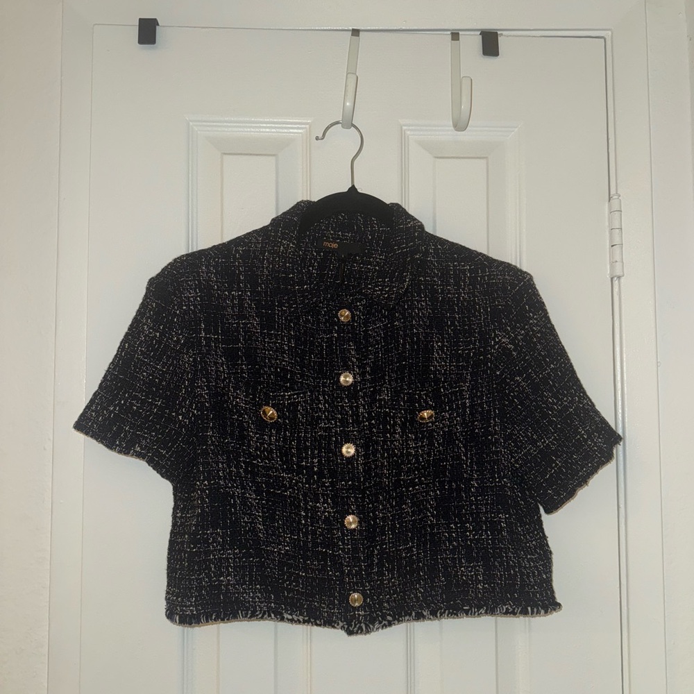 Maje Navy Blue Tweed Cropped Top w Frayed Edge sz 1/ US S, Excellent Condition